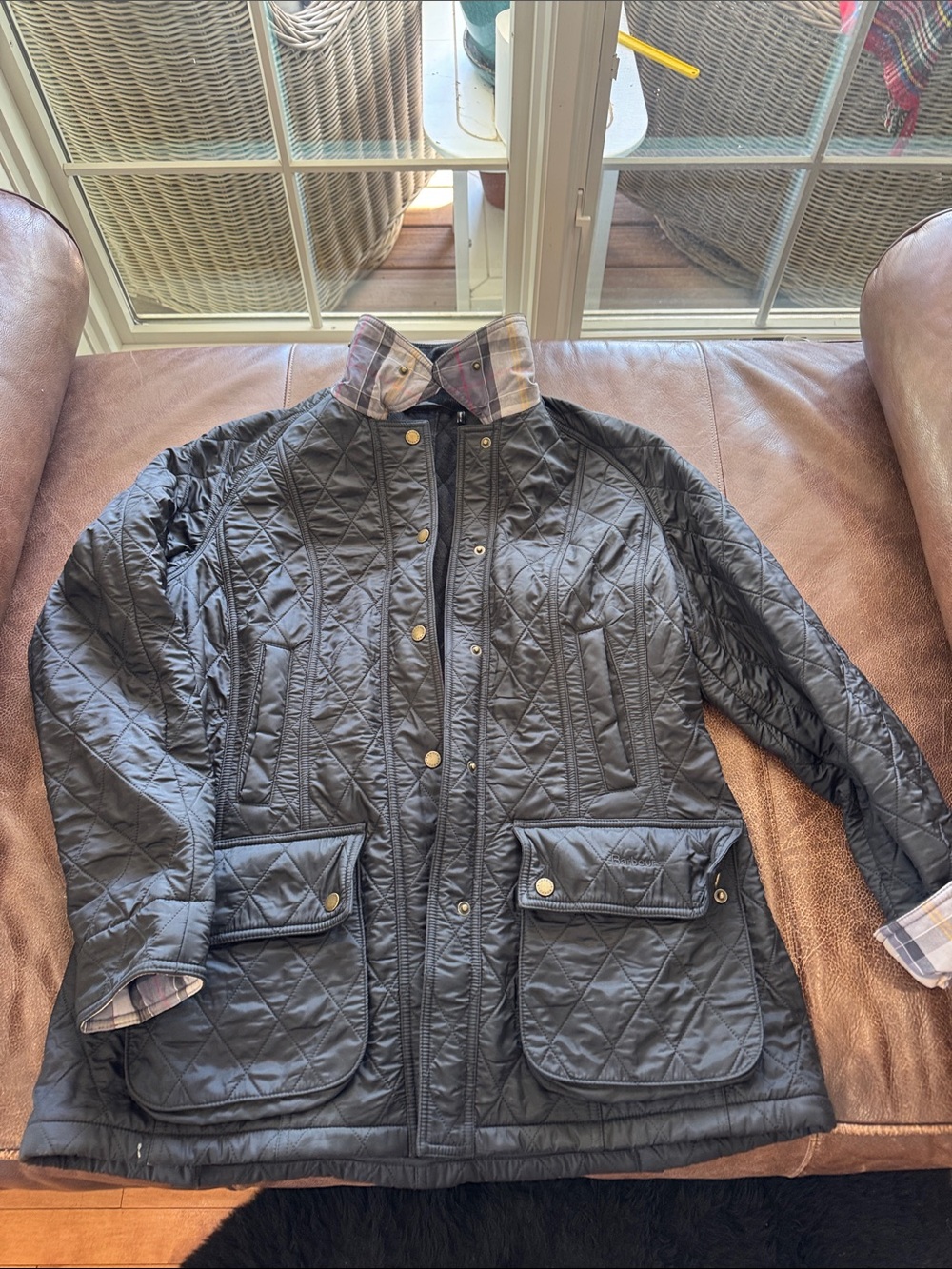 Men's Quilted Black Jacket with Plaid Trim